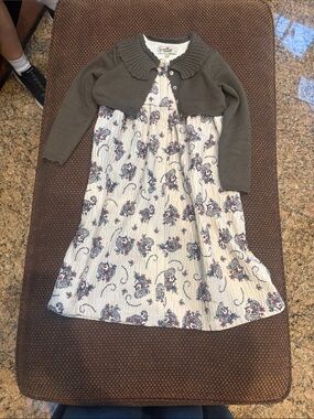 Girls Floral Cream Dress with Olive Knit Bolero
